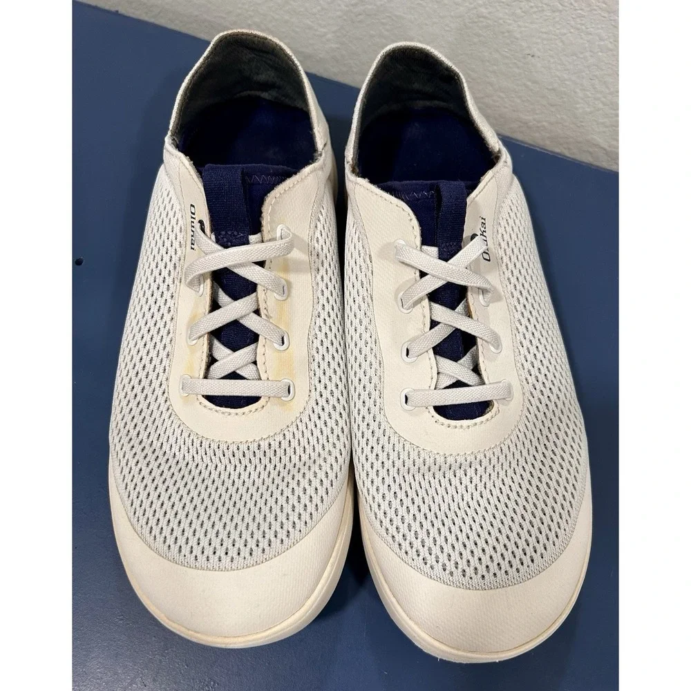 OluKai Moku Pae White Mesh Boat Shoes Sneakers Mens 9 See pics Fold Drop In Heel